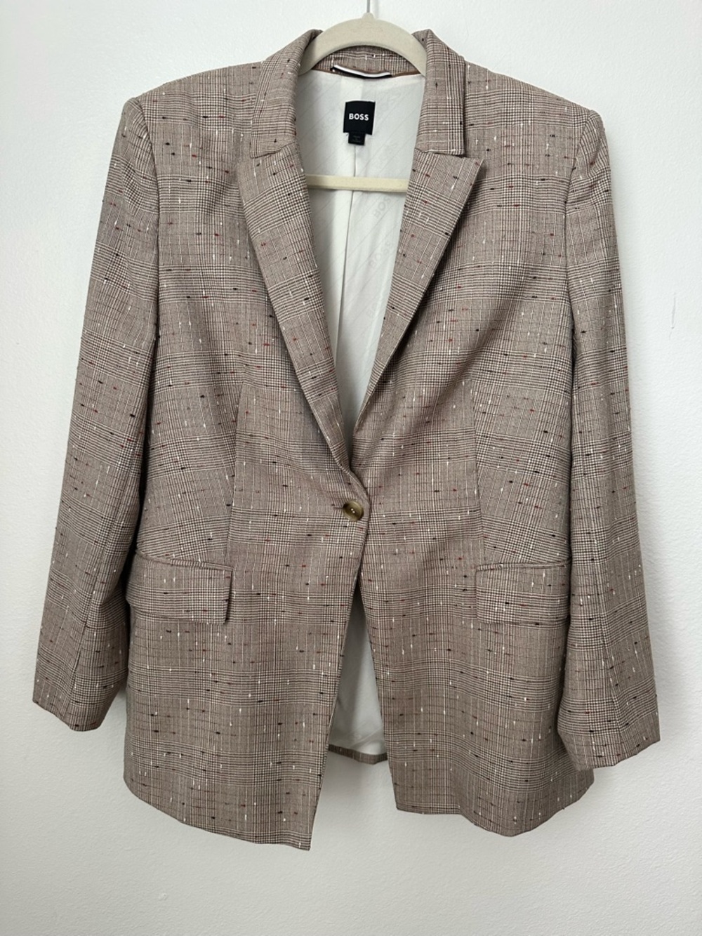 BOSS Taupe Plaid Single-Button Blazer and Pant Set with Subtle Speckle